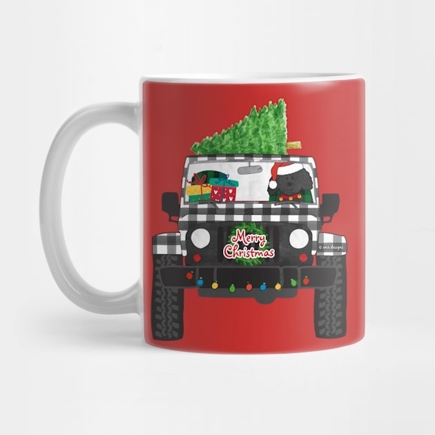 Cartoon Labradoodle Black Buffalo Plaid Merry Christmas Jeep by EMR_Designs